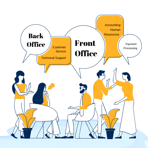 back office and front office concept - office worker discussing both ideas
